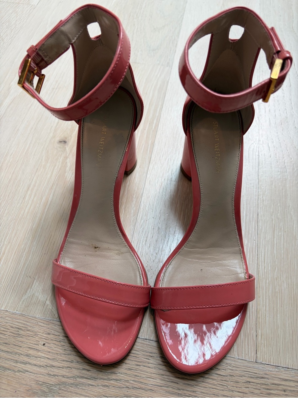 Stuart Weitzman Coral Patent Ankle-Strap Sandals with Gold Buckles